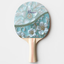 Pala De Ping Pong Ping Pong Paddle con flores blancas verde azuladas