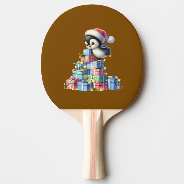 Pala De Ping Pong Pingüino Navidad con regalo y tarjeta de luz (Anverso)