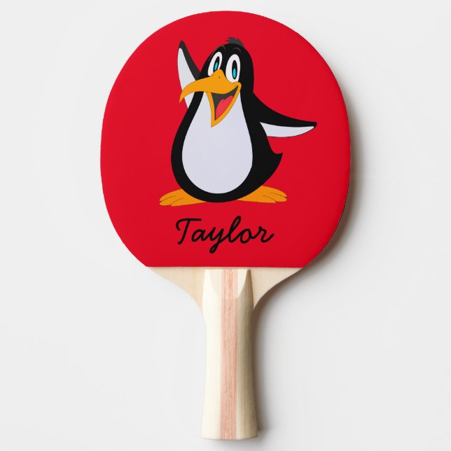 Pala De Ping Pong Pingüino Personalizado lindo en rojo con nombre (Anverso)