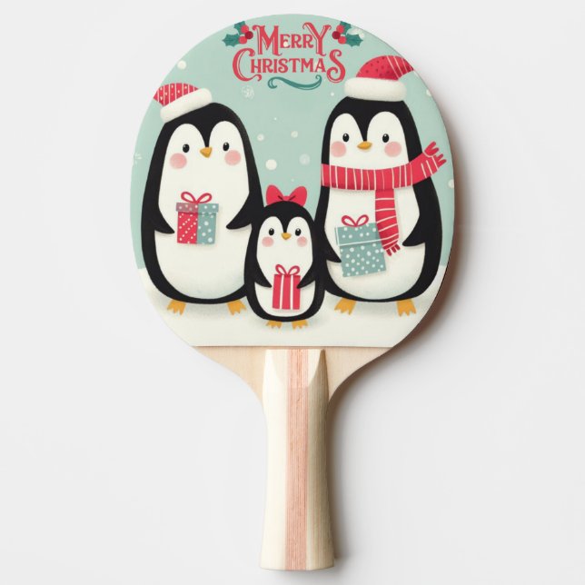Pala De Ping Pong Pingüinos nevados de Feliz Navidad (Anverso)