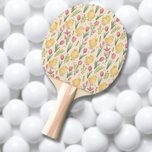 Pala De Ping Pong Pollitos amarillos lindos de Pascua con tulipanes 