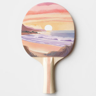 Pala De Ping Pong Puesta de sol del mar rosado   Pintura en acuarela