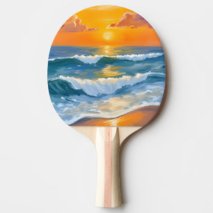 Pala De Ping Pong Puesta de sol naranja mar olas de océano pintadas