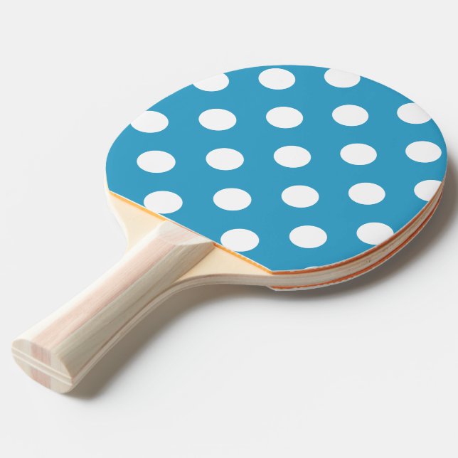 Pala De Ping Pong Puntos de Polka Blanco sobre fondo azul pavo real (Ángulo trasero)