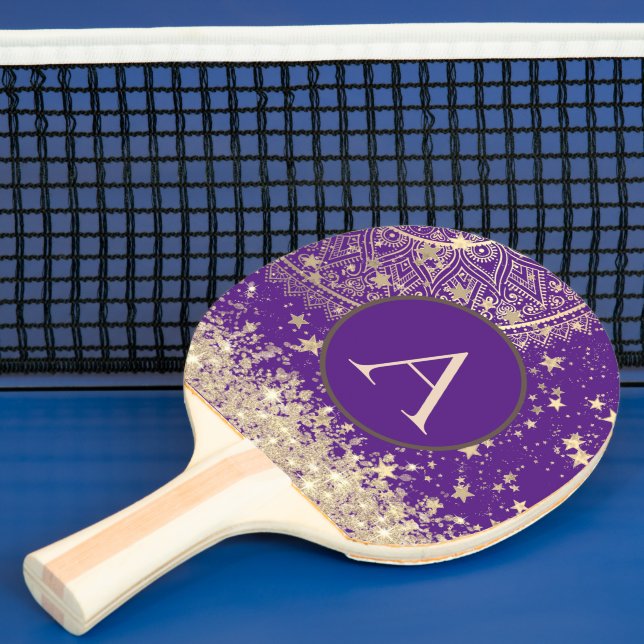 Pala De Ping Pong Purpurina de las estrellas de oro del monograma de (in situ)