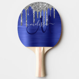 Pala De Ping Pong Purpurina Girly Blue Dripping Brush Monograma Meta