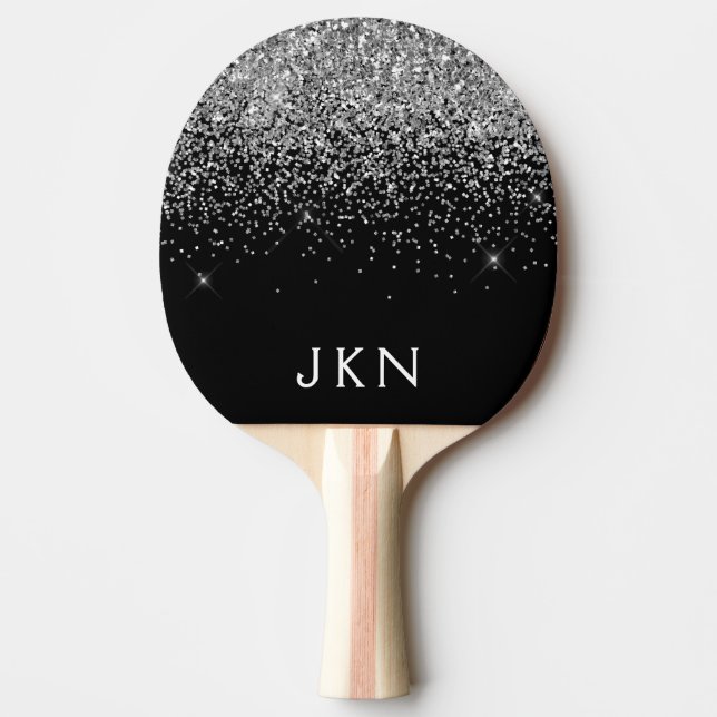 Pala De Ping Pong Purpurina negro plateado Monograma Girly Name Init (Anverso)