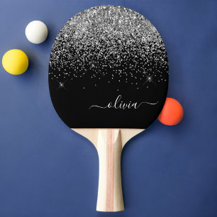 Pala De Ping Pong Purpurina negro plateado Script Monograma Nombre d