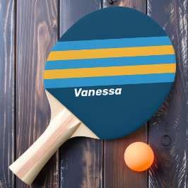 Pala De Ping Pong Rayas azules de la Marina Retro con nombre