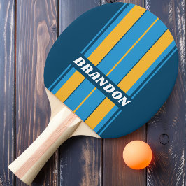 Pala De Ping Pong Rayas de tabla azul marino retro con nombre