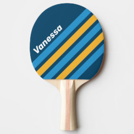 Pala De Ping Pong Rayas diagonales azules marino retro con nombre