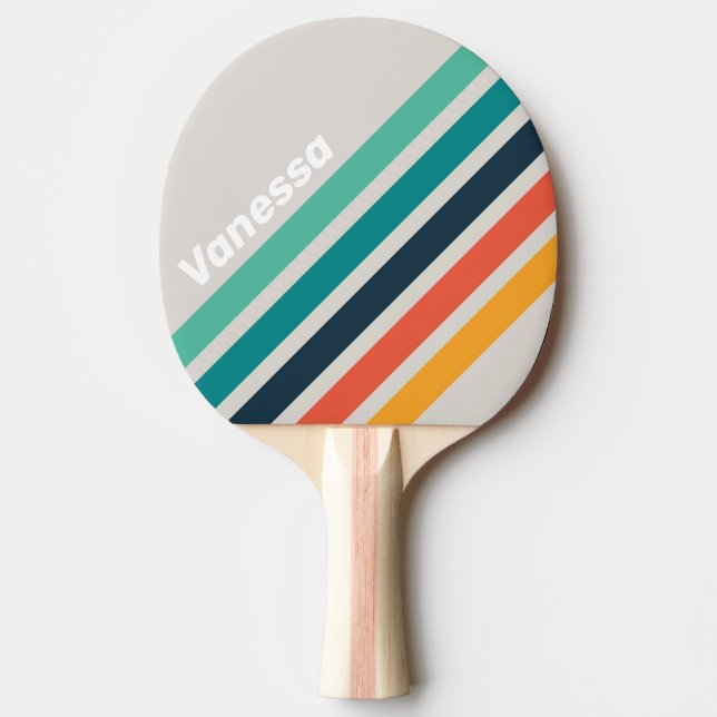 Pala De Ping Pong Rayas en ángulo arcoíris océano retro con nombre (Anverso)