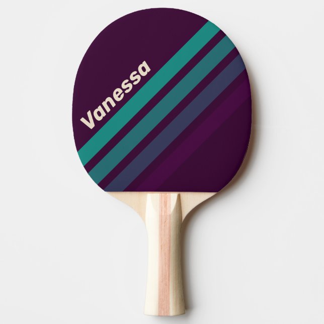 Pala De Ping Pong Rayas en ángulo de arcoíris morado retro con nombr (Anverso)