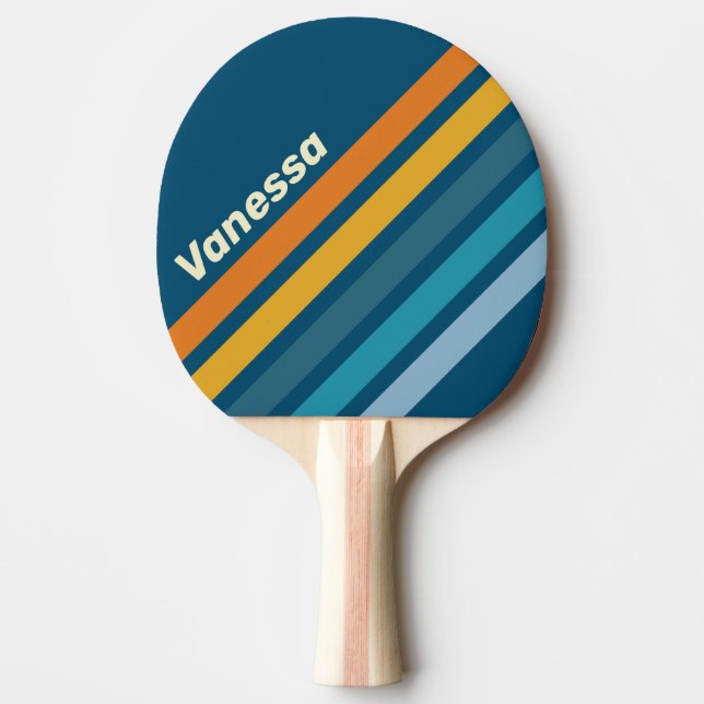 Pala De Ping Pong Rayas en ángulo de sol azul con nombre (Anverso)