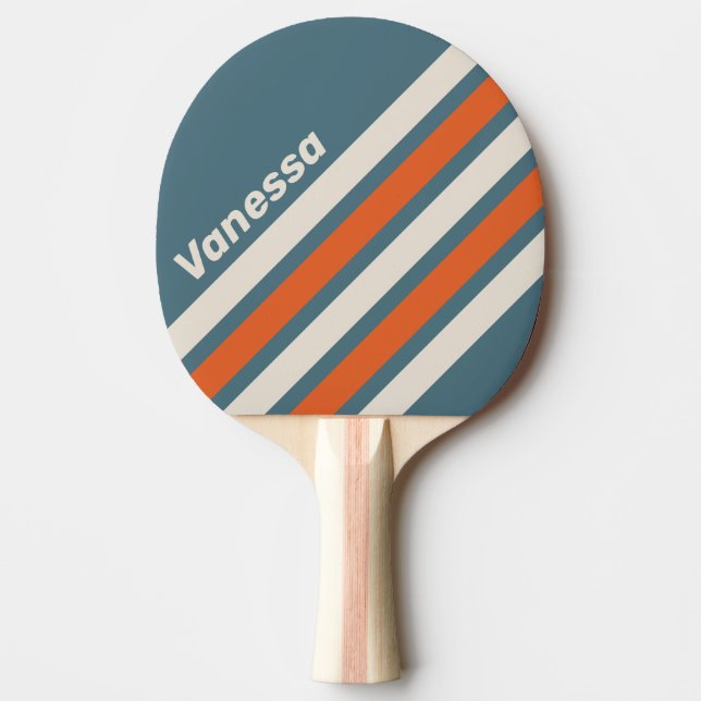 Pala De Ping Pong Rayas en ángulo Retro Surfside con nombre (Anverso)