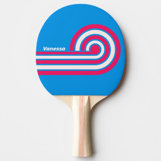 Pala De Ping Pong Rayas Retro Azules con Nombre (Anverso)