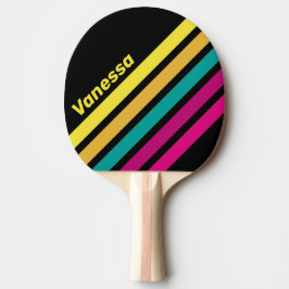 Pala De Ping Pong Rayas Retro Oscuro 80s Franjas en Ángulo con Nombr