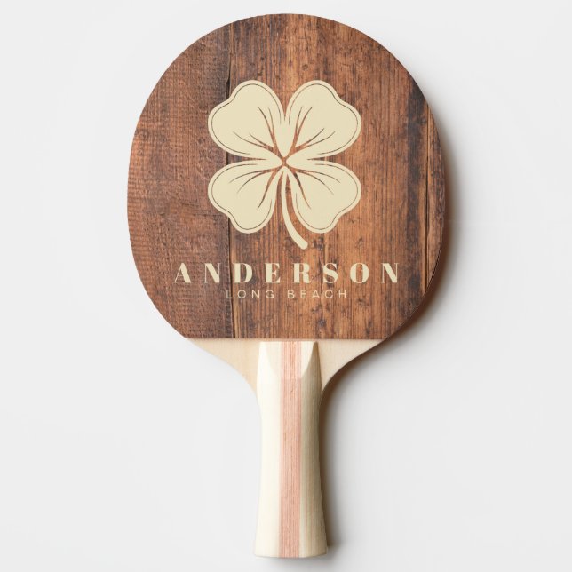 Pala De Ping Pong Reclaimed Wood Four Leaf Clover with Name (Reverso)