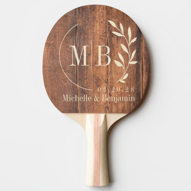 Pala De Ping Pong Reclaimed Wood Leaf Wedding Monogram (Reverso)