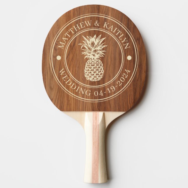 Pala De Ping Pong Red Oak Wood Pineapple Wedding Crest & Names (Reverso)