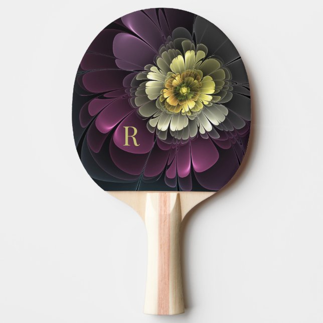 Pala De Ping Pong Resumen Purpur Khaki Flower Fractal Monograma (Anverso)