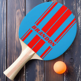 Pala De Ping Pong Retro Azul Eléctrico Rojo Dual Tablas Rayas / Nomb