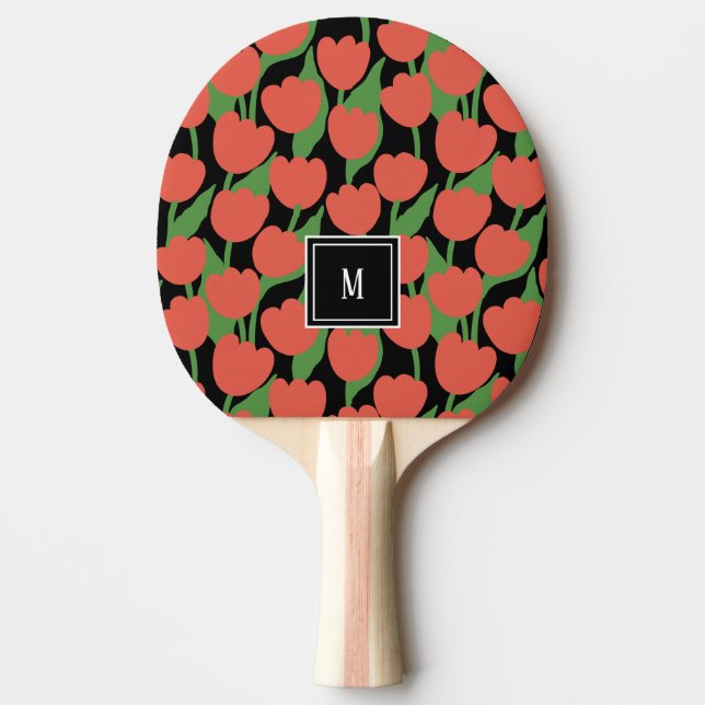 Pala De Ping Pong Retro de tulipanes rojos, monograma personalizado (Anverso)