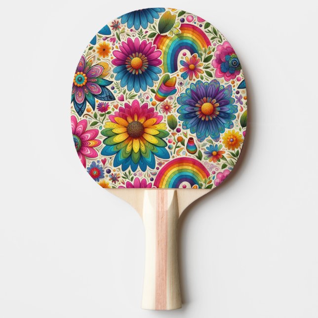 Pala De Ping Pong Retro Floral Hippie Arcoíris (Anverso)