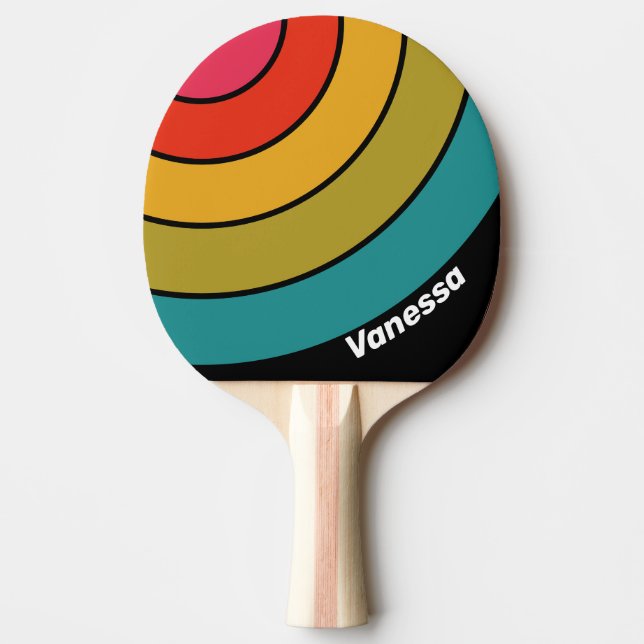 Pala De Ping Pong Retro Midnight Rainbow Circle Stripe with Name (Anverso)