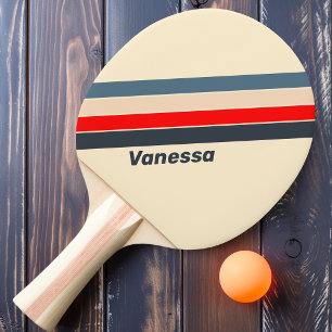 Pala De Ping Pong Retro Náutico Rayado con Arcoíris con Nombre