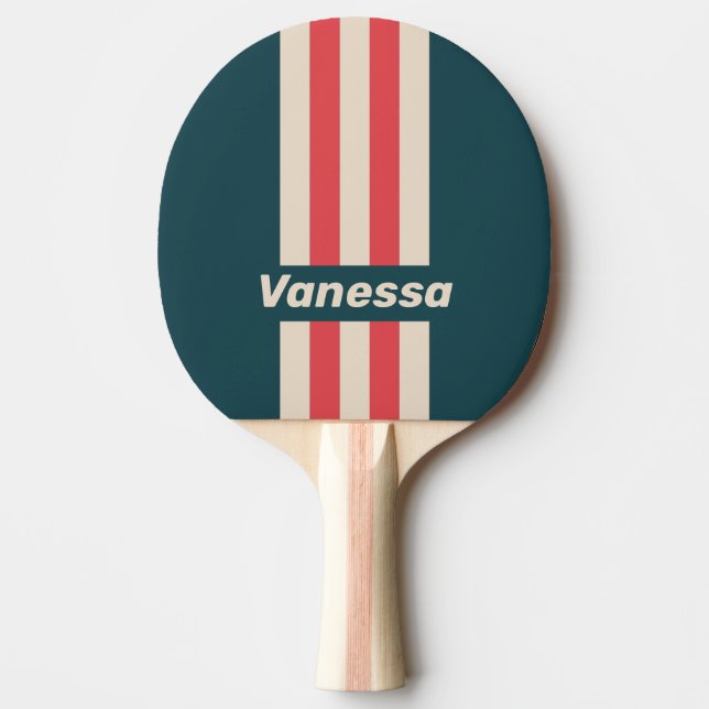 Pala De Ping Pong Retro Teal Vibe Pin Stripes with Name (Anverso)