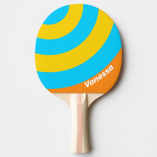 Pala De Ping Pong Retro Verano Playa Círculo Franja con Nombre (Anverso)