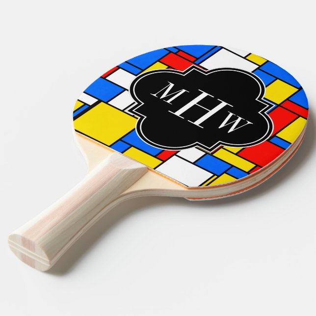 Pala De Ping Pong Rojo Azul Amarillo Mondrio Quatrefoil 3 Monograma (Ángulo frontal)