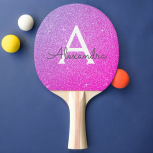 Pala De Ping Pong Rosa caliente - Monograma Purpurina púrpura y esp