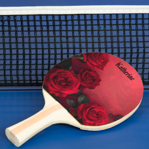 Pala De Ping Pong Rosas Rojas Vintage con Nombre Personalizado