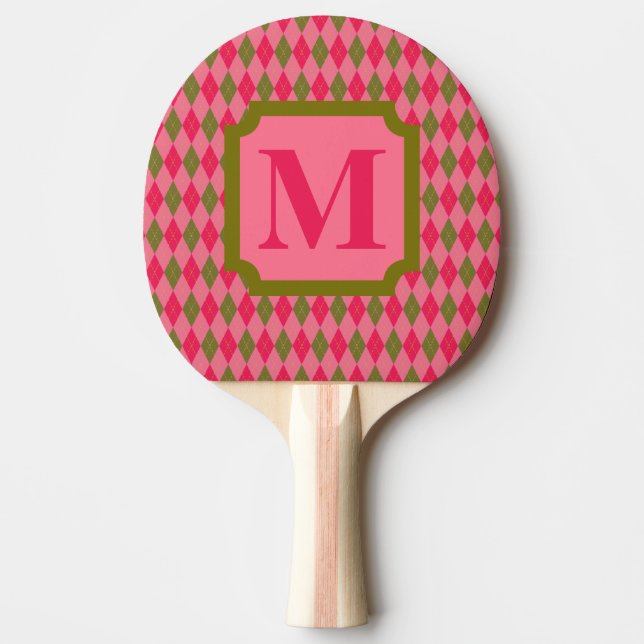 Pala De Ping Pong Rosy Pink y Green Argyle Diamond con Monograma (Anverso)