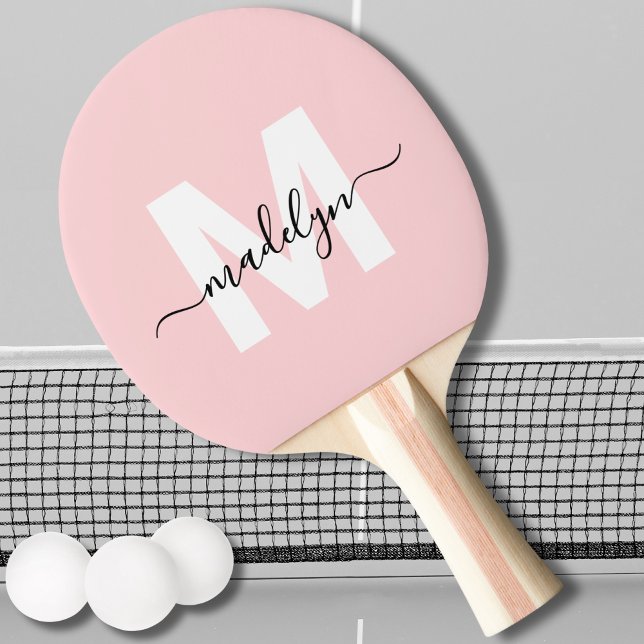 Pala De Ping Pong Rubro Rosa Moderno Nombre de Letra Manuscrita Mono (Blush Pink Modern Script Name Girly Monogram Ping Pong Paddle)