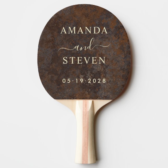 Pala De Ping Pong Rusted Metal Sheet Couple Names with Wedding Date (Reverso)