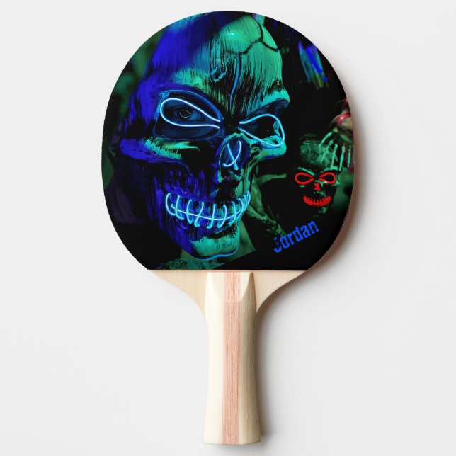 Pala De Ping Pong Scary Badass Neon Blue Verde azulada Skull Nombre (Anverso)