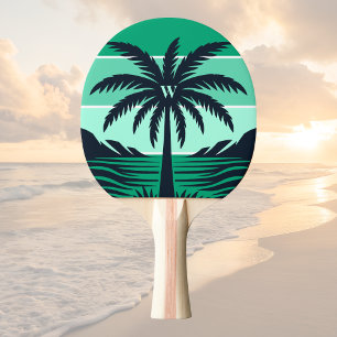 Pala De Ping Pong Silueta de palmera Monograma verde rayado negro