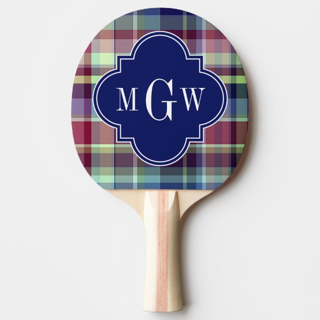 Pala De Ping Pong Sky Blue Navy Burgundy Monograma de Whapppy Madras (Anverso)