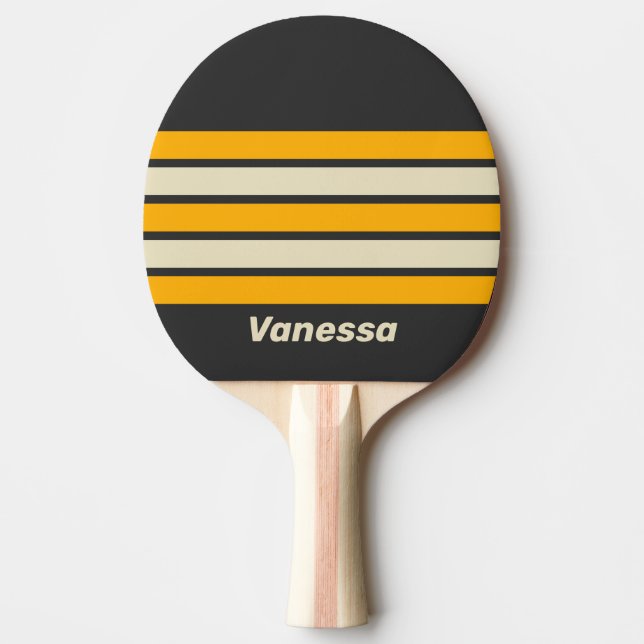 Pala De Ping Pong Sol Negro Retro a Través de Franjas con Nombre (Anverso)