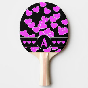 Pala De Ping Pong Sorprendente Corazón Rosa Sobre Negro, Y Su Monog