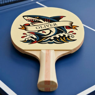 Pala De Ping Pong Tatuaje Retro Tiburón Náutico