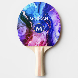 Pala De Ping Pong Tinta líquida azul violeta rojo, monograma y nombr