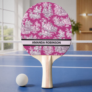 Pala De Ping Pong Toile de jouy monograma floral rosa magenta vintag