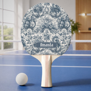 Pala De Ping Pong Toile de Jouy monograma floral vintage azul