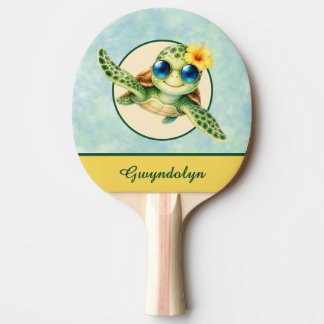 Pala De Ping Pong Tortugas Bebés Adorables con Flores Tropicales