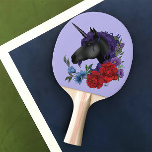 Pala De Ping Pong Unicornio negro y flores