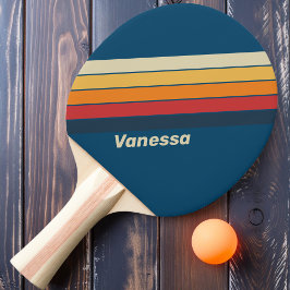 Pala De Ping Pong Vintage Azul Rayas de Arcoíris con Nombre